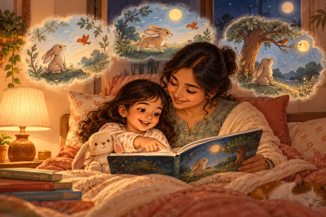 Mother and young daughter happily rereading a favourite rabbit bedtime story together