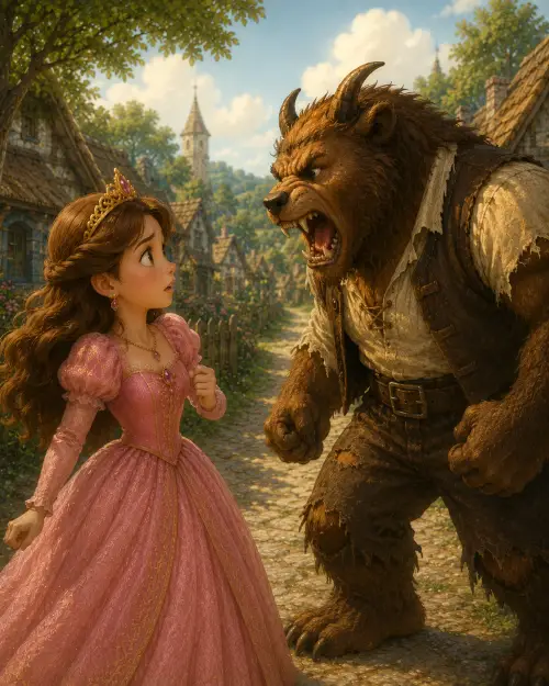 A kind young woman in a pink gown facing a great horned beast on a village path.