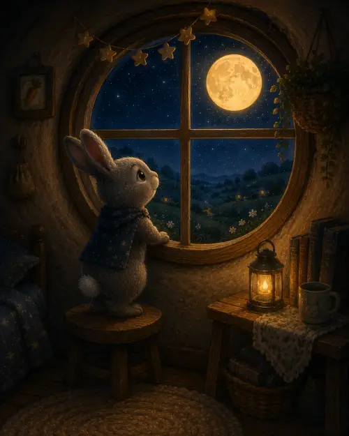 A small watercolour rabbit hopping through a soft, moonlit forest.