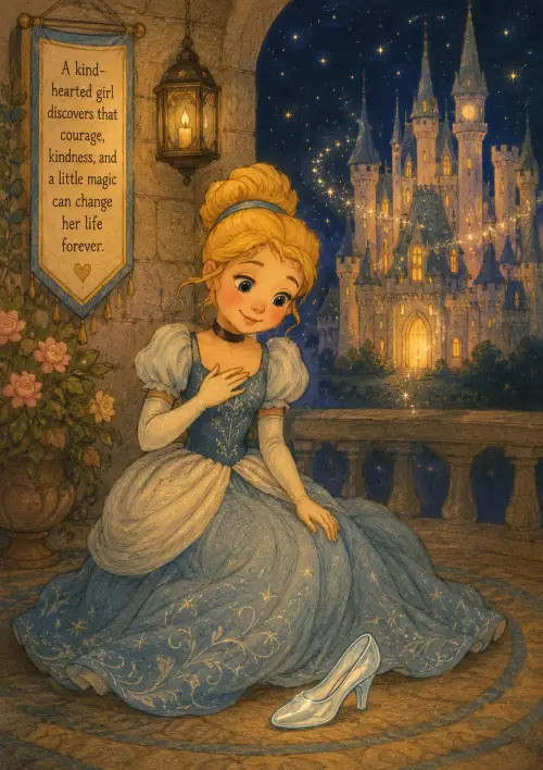 A kind young girl in a shimmering gown leaving a crystal slipper on the palace steps at night.