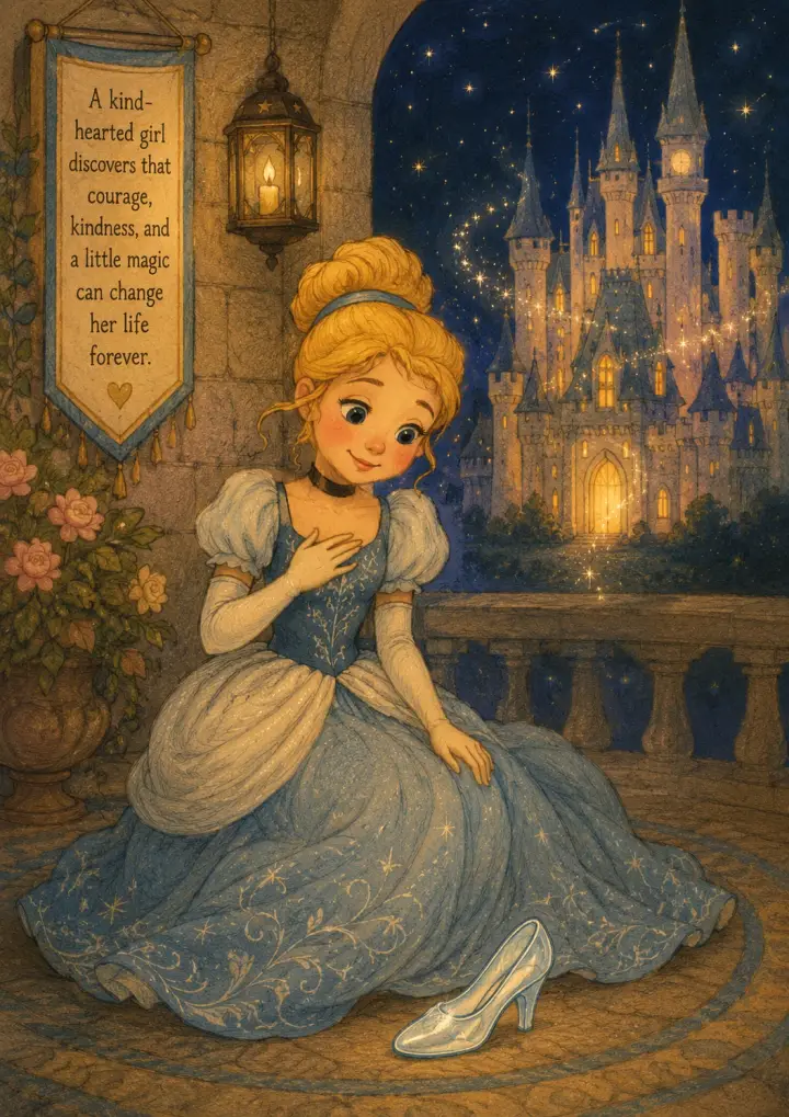 A kind young girl in a shimmering gown leaving a crystal slipper on the palace steps at night.