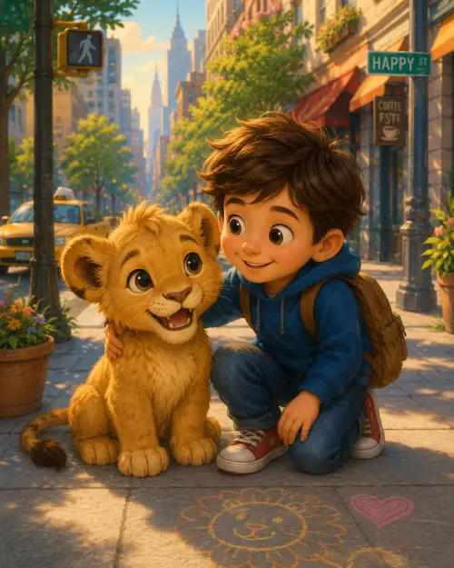 A smiling lion cub sitting beside a kind young boy on a sunny city street.