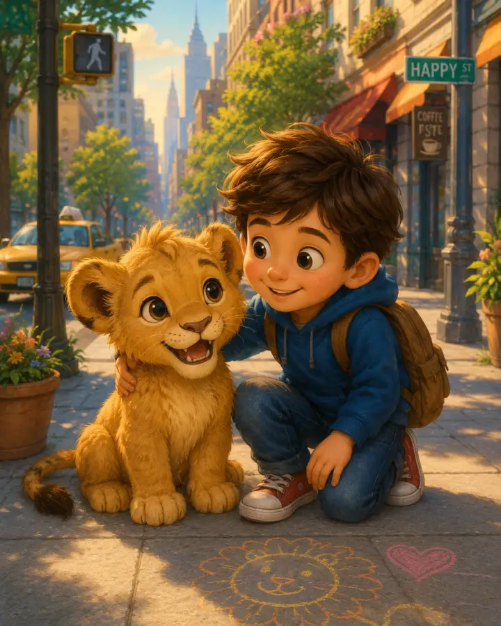 A smiling lion cub sitting beside a kind young boy on a sunny city street.