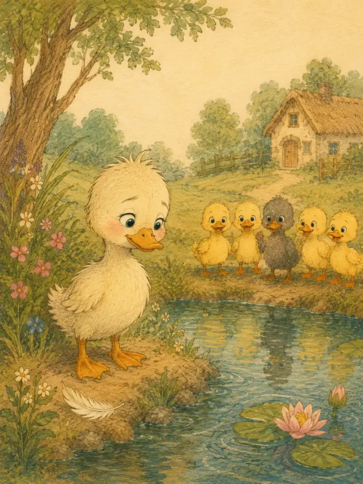 A soft young duckling beside a pond, with a gray duckling among yellow siblings near a cottage.
