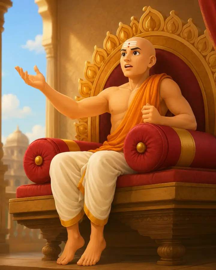 Young Rama stands tall in a royal court beside a relieved old woman and a brass pot, as the king smiles with pride.