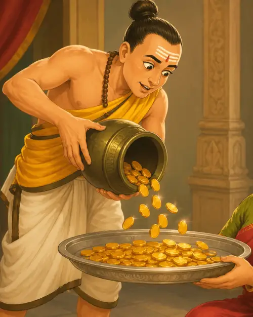 A Brahman in a yellow shawl tips a large brass pot, and bright gold coins pour out onto a metal tray held out to him.