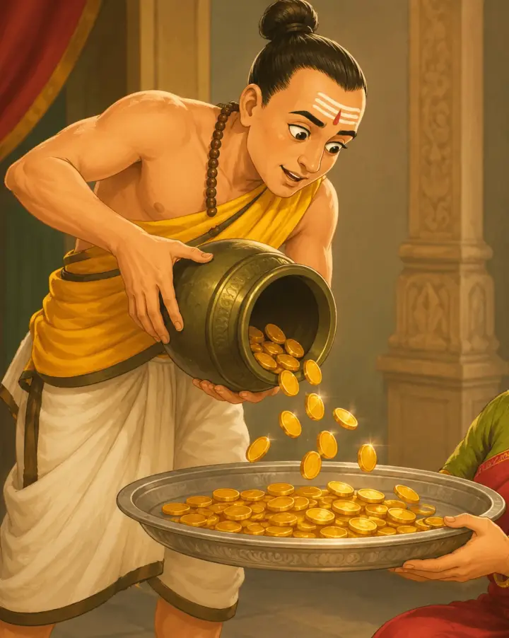 A Brahman in a yellow shawl tips a large brass pot, and bright gold coins pour out onto a metal tray held out to him.