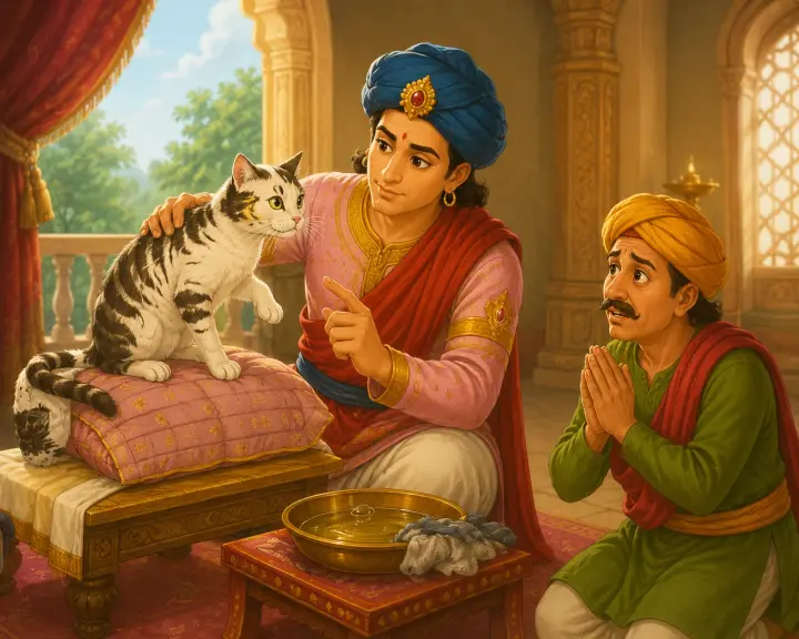 A small cat with a decorated leg beside four worried merchants and a wise judge.