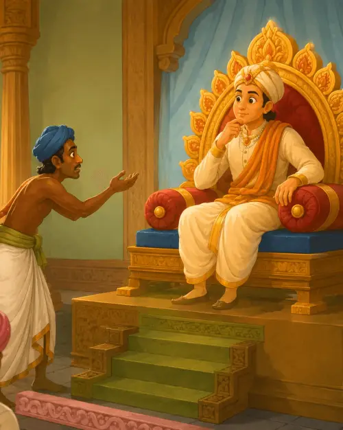 A villager leans forward pleading with an open hand before young Maryada Rama, who listens from a golden throne in a warm palace court.