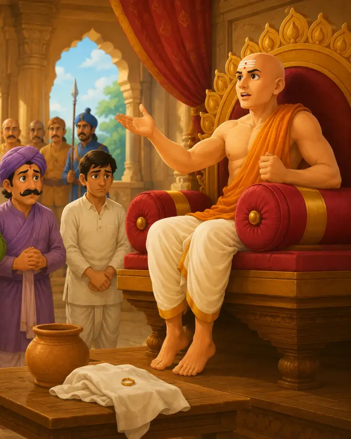 Wise judge Maryada Rama examines five small clay models on a table while three nervous witnesses look on in a royal court.