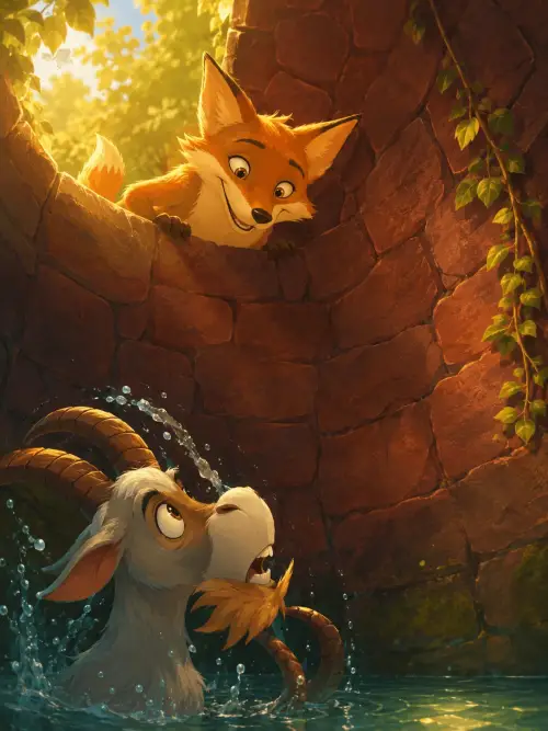 A clever fox looking up from inside a deep grey stone well while a kind goat peers over the edge, surrounded by tall grass in a sunny forest