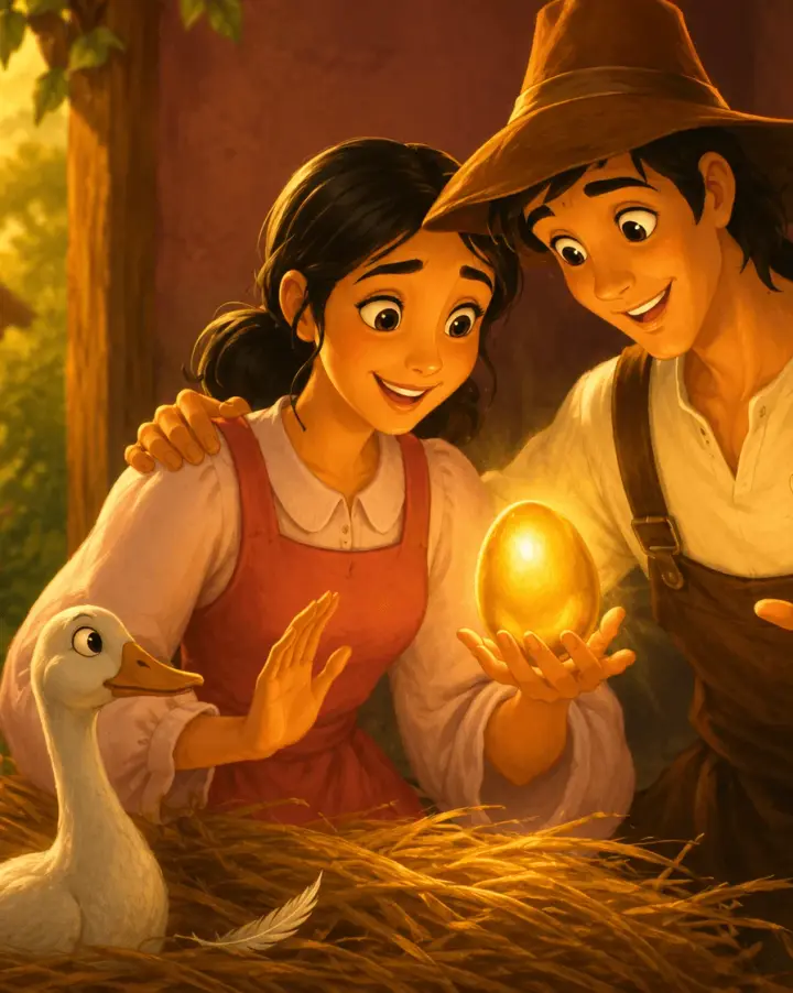 A farmer and his wife lean together in a warm barn, looking in wonder at a glowing golden egg cupped in his hands, their white goose on the straw beside them.