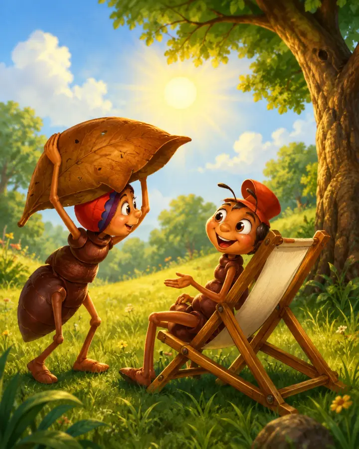 One ant carries a large dry leaf over his head across a sunny meadow while another ant lounges in a deck chair beneath a tree.