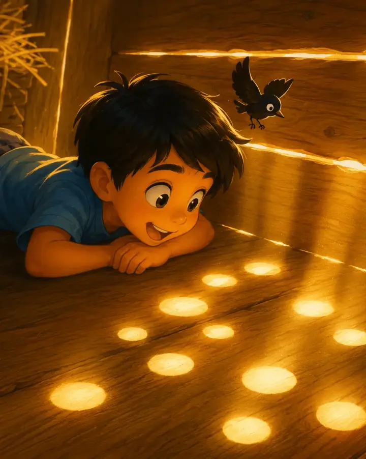 A boy lies on a wooden floor, smiling at the pools of golden light shining through a row of small nail holes in the wall, as a little bird flies past.