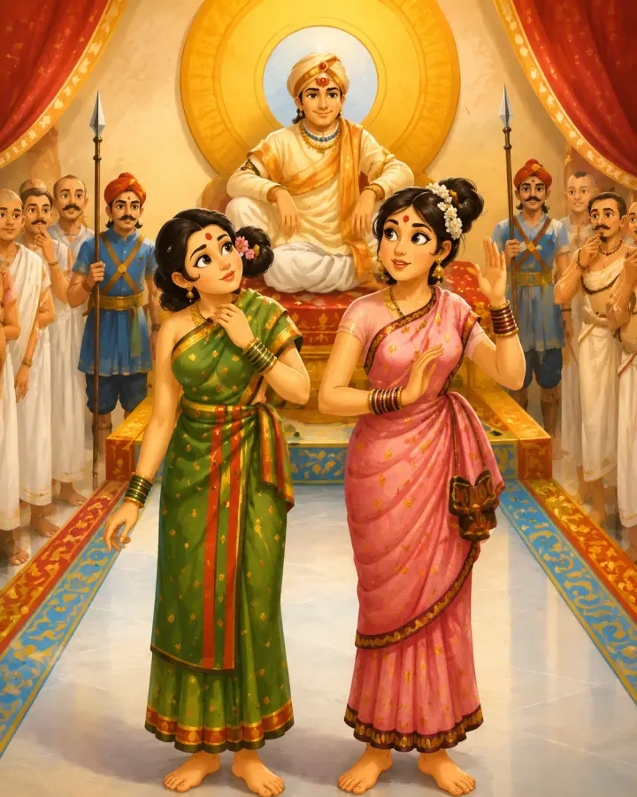 In a royal court, a startled woman touches her hair while wise judge Maryada Rama watches gently and a small hen feather floats in the air.