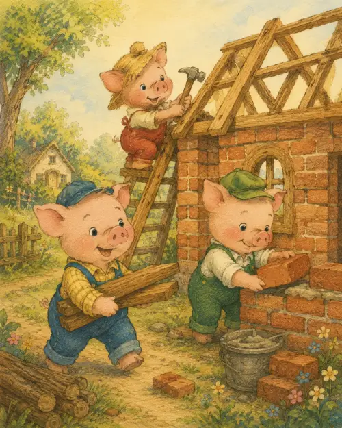 Three little pigs safe together inside a cosy brick house at night.