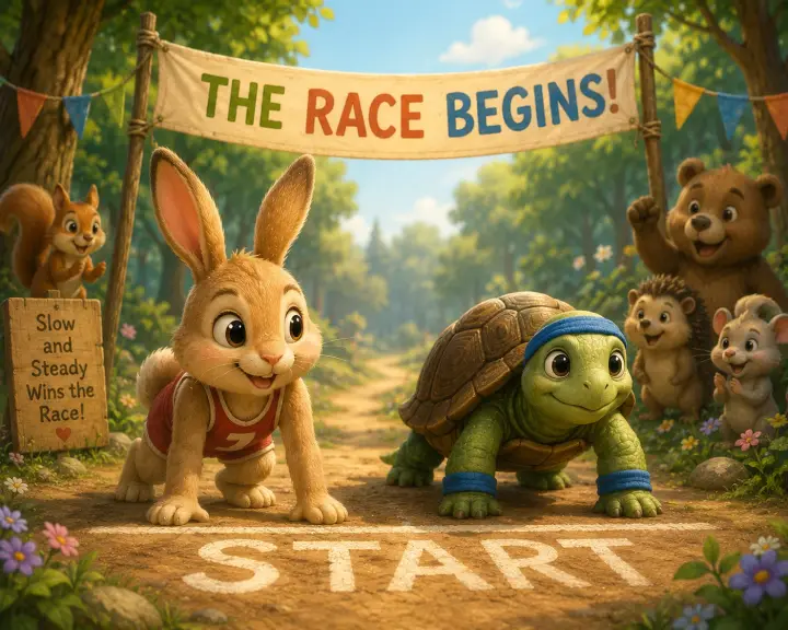 A rabbit and a tortoise at a START line beneath a "The Race Begins" banner, cheered by woodland friends.